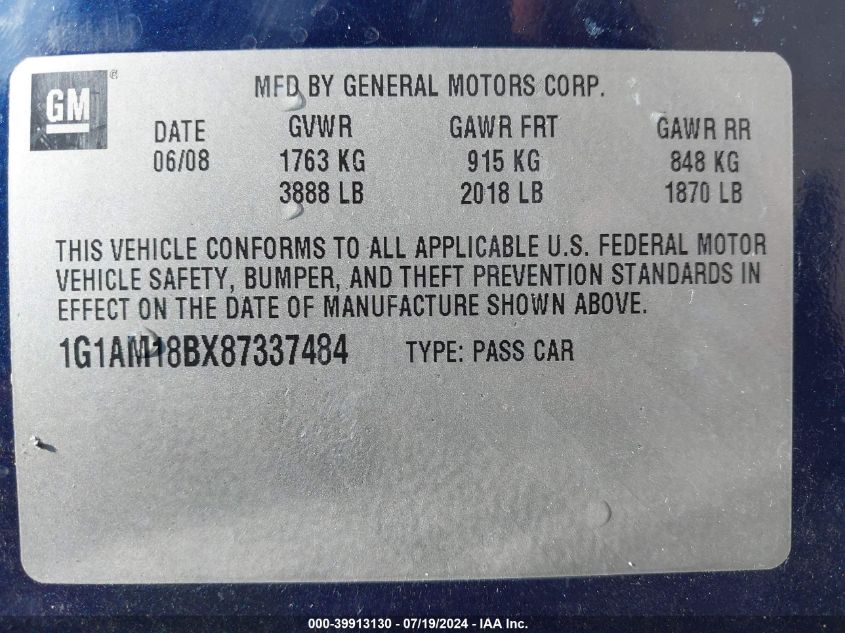 2008 Chevrolet Cobalt Sport VIN: 1G1AM18BX87337484 Lot: 39913130