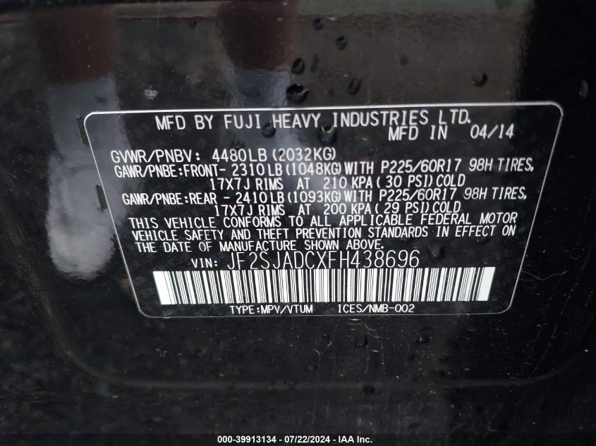 2015 Subaru Forester 2.5I Premium VIN: JF2SJADCXFH438696 Lot: 39913134