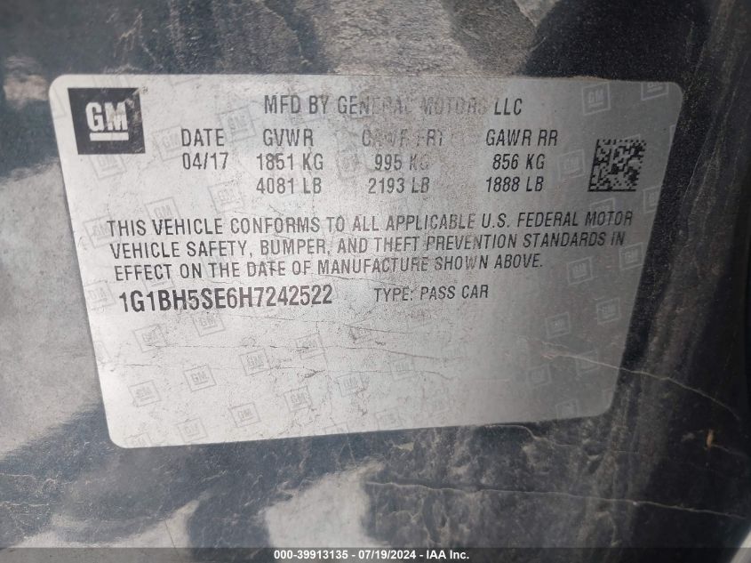 2017 Chevrolet Cruze Lt VIN: 1G1BH5SE6H7242522 Lot: 39913135