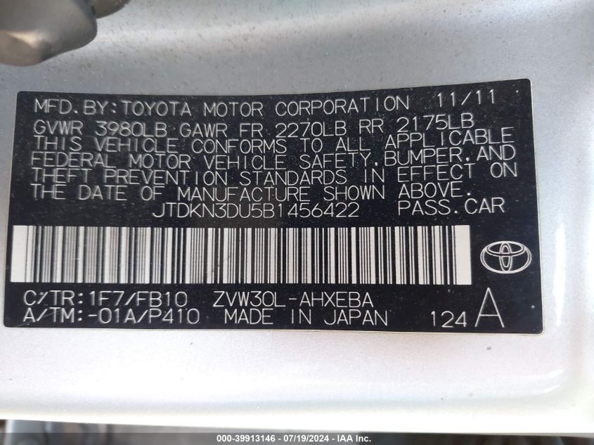 2011 Toyota Prius Two VIN: JTDKN3DU5B1456422 Lot: 39913146