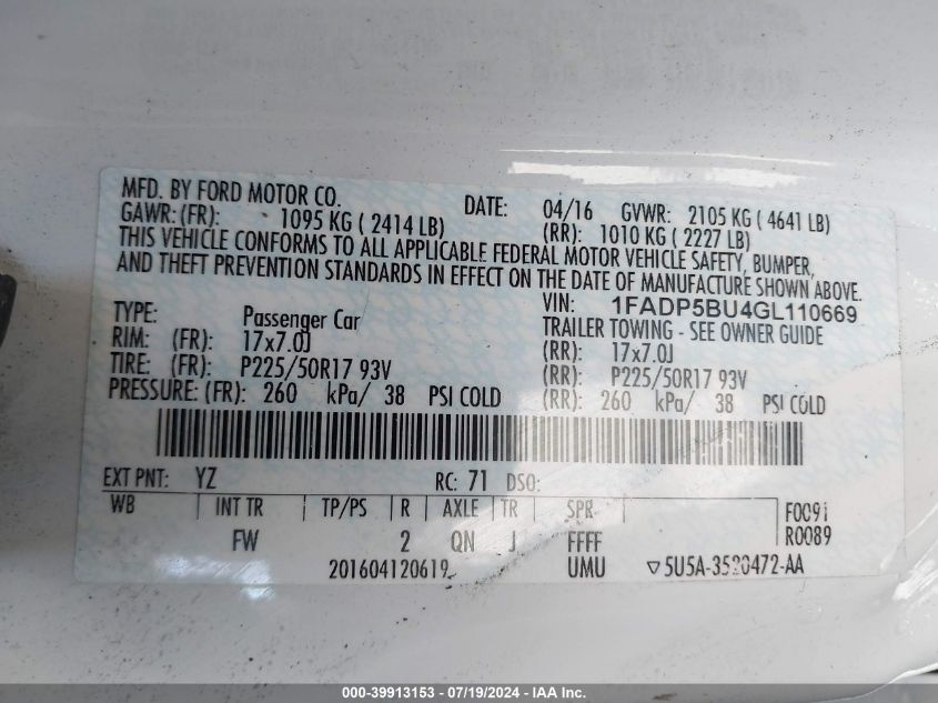 2016 Ford C-Max Hybrid Sel VIN: 1FADP5BU4GL110669 Lot: 39913153