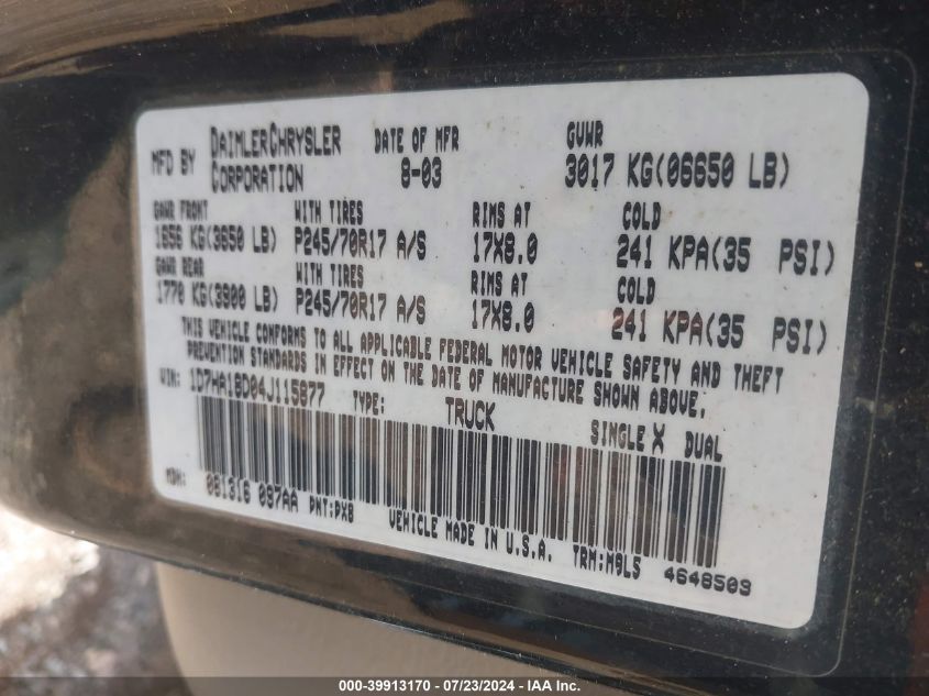 2004 Dodge Ram 1500 Slt/Laramie VIN: 1D7HA18D04J115877 Lot: 39913170