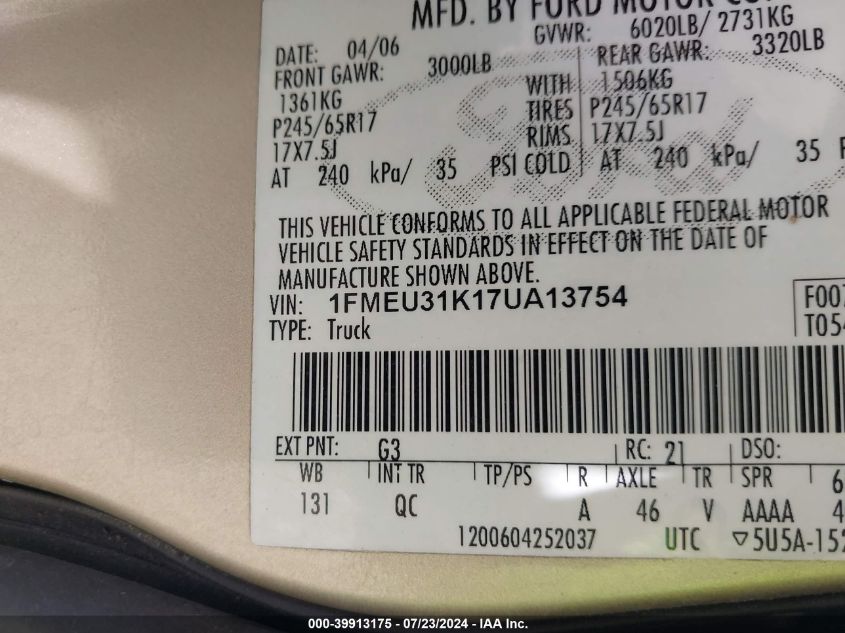 2007 Ford Explorer Sport Trac Xlt VIN: 1FMEU31K17UA13754 Lot: 39913175