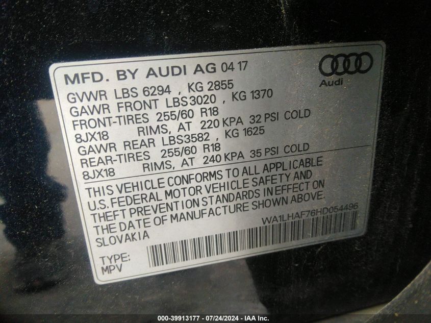 2017 Audi Q7 2.0T Premium VIN: WA1LHAF76HD054496 Lot: 39913177