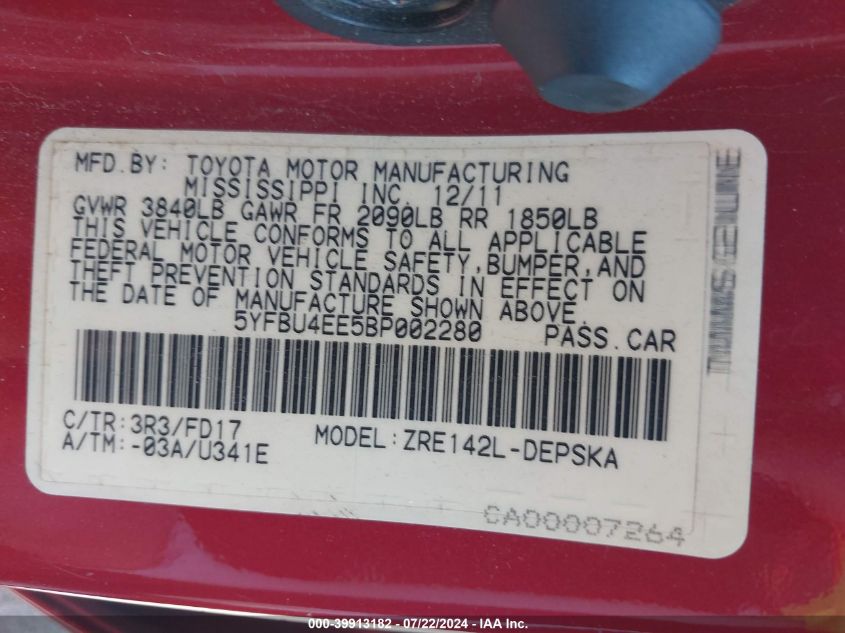 2011 Toyota Corolla S VIN: 5YFBU4EE5BP002280 Lot: 39913182