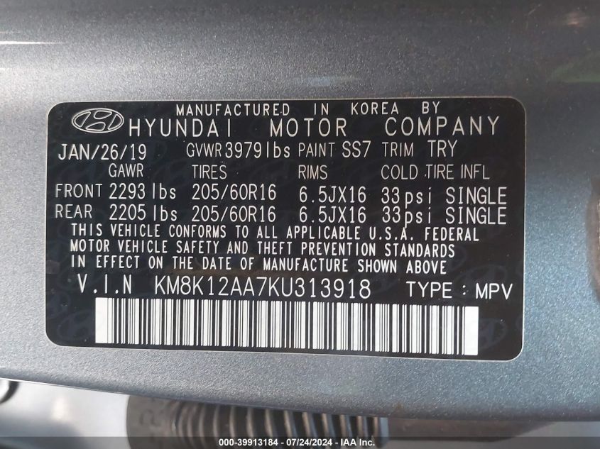 2019 Hyundai Kona Se VIN: KM8K12AA7KU313918 Lot: 39913184