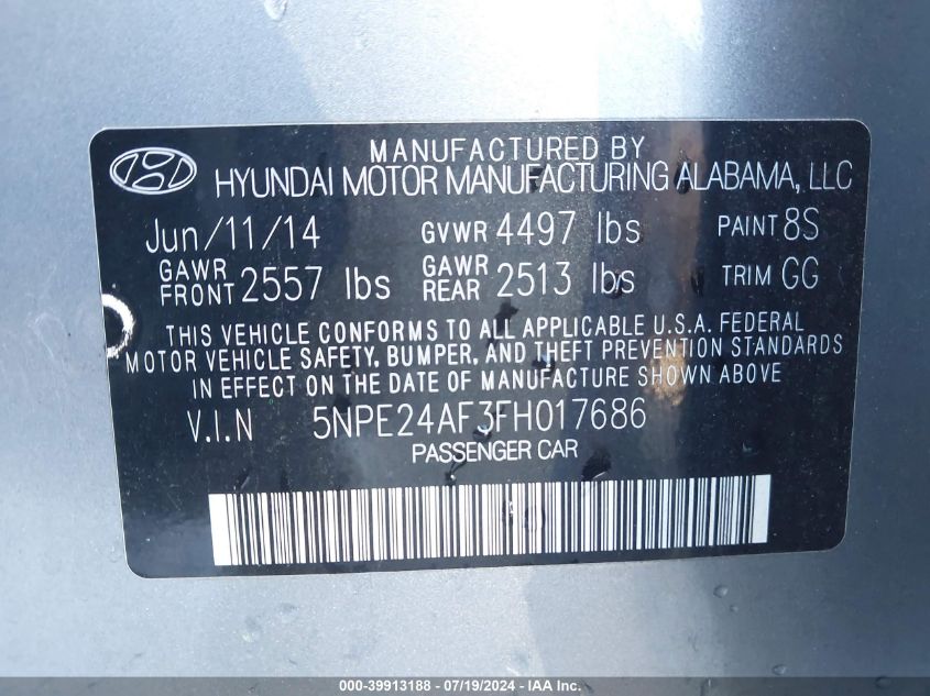 2015 HYUNDAI SONATA SE - 5NPE24AF3FH017686