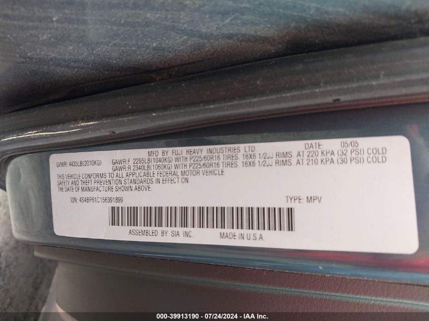 2005 Subaru Legacy Outback 2.5I VIN: 4S4BP61C156391899 Lot: 39913190