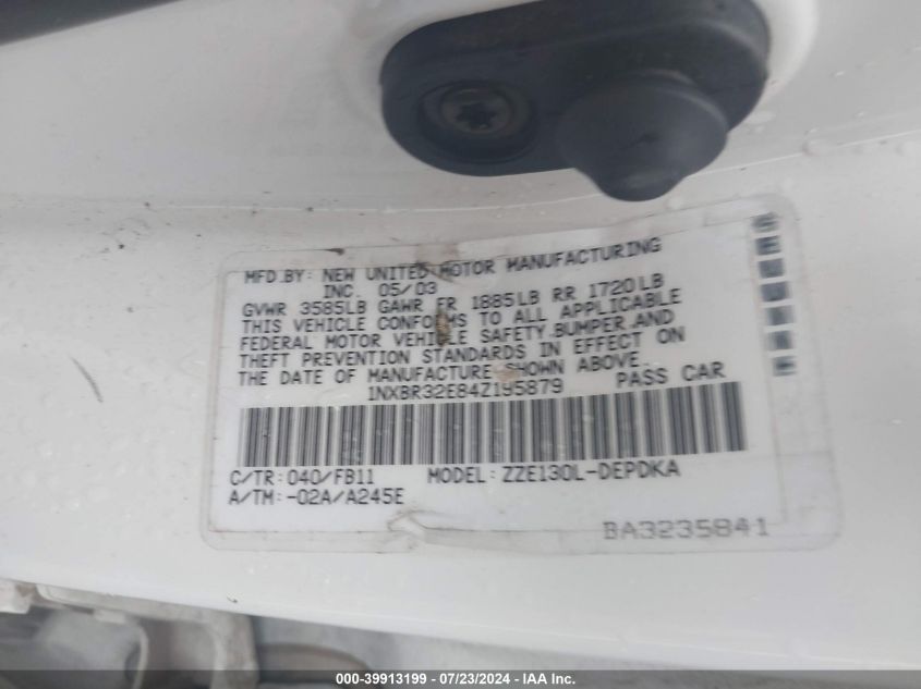 2004 Toyota Corolla Ce VIN: 1NXBR32E84Z195879 Lot: 39913199