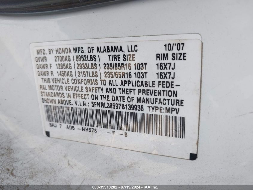 2007 Honda Odyssey Exl VIN: 5FNRL38697B139936 Lot: 39913202