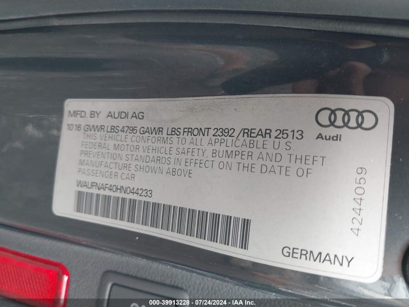 2017 AUDI A4 2.0T PREMIUM - WAUFNAF40HN044233