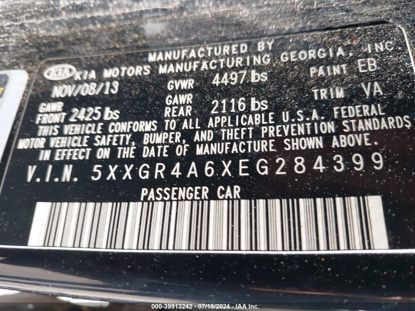 2014 Kia Optima Sxl Turbo VIN: 5XXGR4A6XEG284399 Lot: 39913242