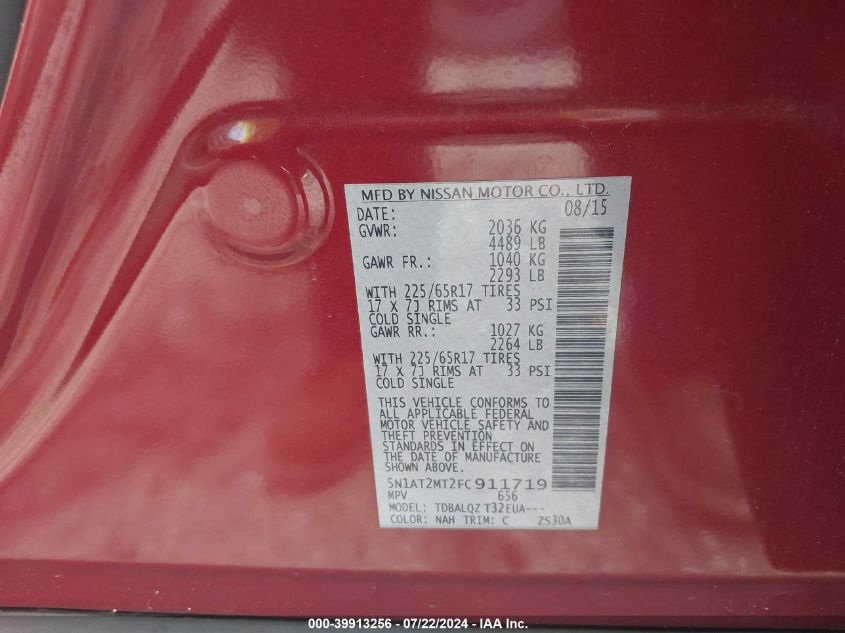 2015 Nissan Rogue Sv VIN: 5N1AT2MT2FC911719 Lot: 39913256