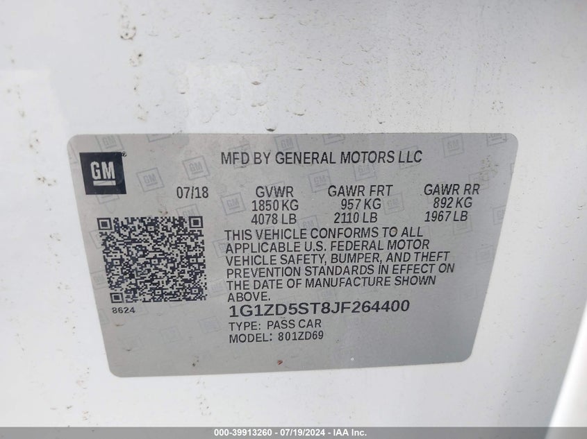 2018 Chevrolet Malibu Lt VIN: 1G1ZD5ST8JF264400 Lot: 39913260