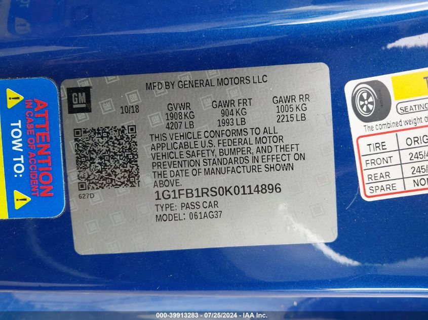 2019 Chevrolet Camaro 1Lt VIN: 1G1FB1RS0K0114896 Lot: 39913283