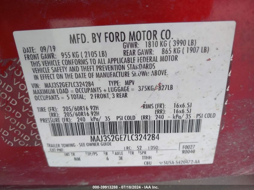 2020 Ford Ecosport Se VIN: MAJ3S2GE7LC324284 Lot: 39913288