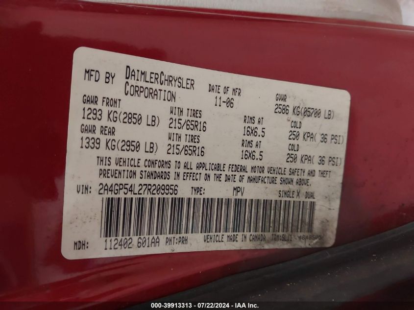 2007 Chrysler Town & Country Touring VIN: 2A4GP54L27R209956 Lot: 39913313