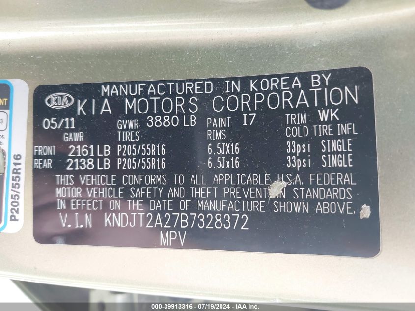 2011 Kia Soul + VIN: KNDJT2A27B7328372 Lot: 39913316