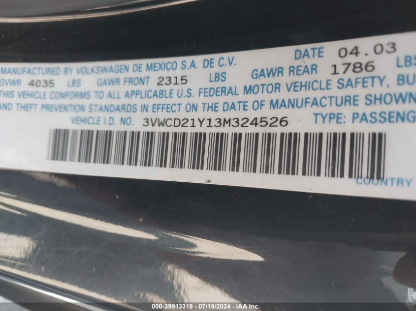 2003 Volkswagen New Beetle Gls/Gls 1.8T VIN: 3VWCD21Y13M324526 Lot: 39913319