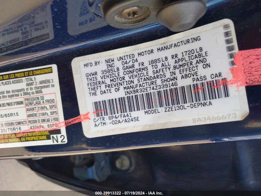 2004 Toyota Corolla Le VIN: 1NXBR32E74Z339146 Lot: 39913322