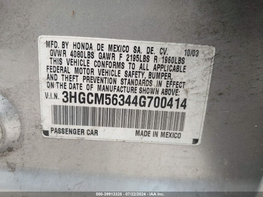 2004 Honda Accord 2.4 Lx VIN: 3HGCM56344G700414 Lot: 39913325