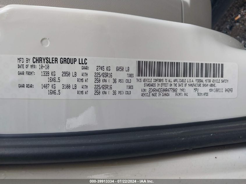 2010 Dodge Grand Caravan Se VIN: 2D4RN4DE0AR477902 Lot: 39913334