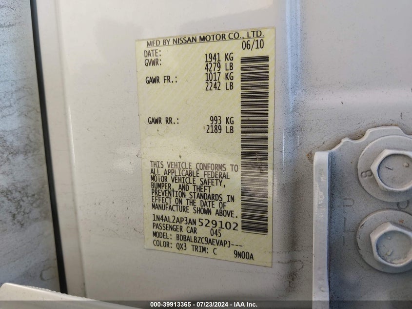 2010 Nissan Altima 2.5 S VIN: 1N4AL2AP3AN529102 Lot: 39913365