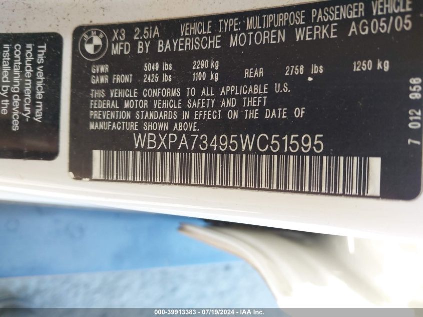 2005 BMW X3 2.5I VIN: WBXPA73495WC51595 Lot: 39913383