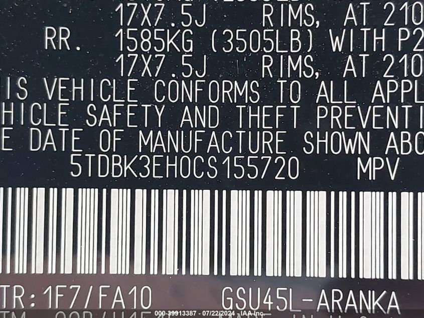 2012 Toyota Highlander Base V6 VIN: 5TDBK3EH0CS155720 Lot: 39913387