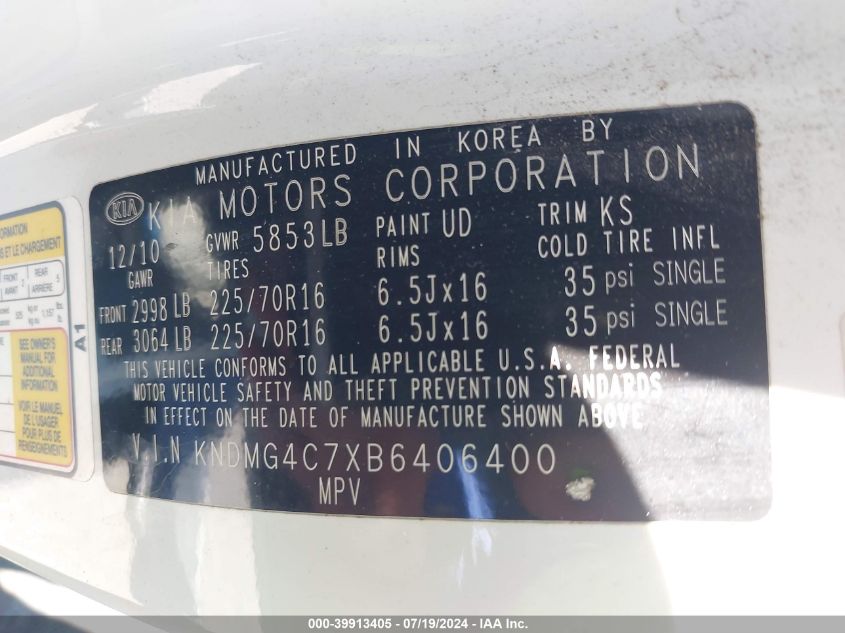 2011 Kia Sedona Lx VIN: KNDMG4C7XB6406400 Lot: 39913405