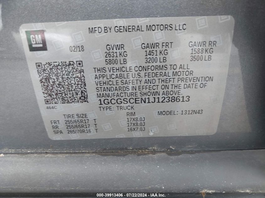 2018 Chevrolet Colorado Lt VIN: 1GCGSCEN1J1238613 Lot: 39913406