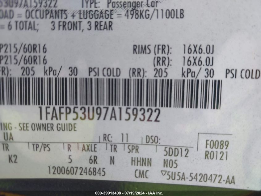 2007 Ford Taurus Se VIN: 1FAFP53U97A159322 Lot: 39913408