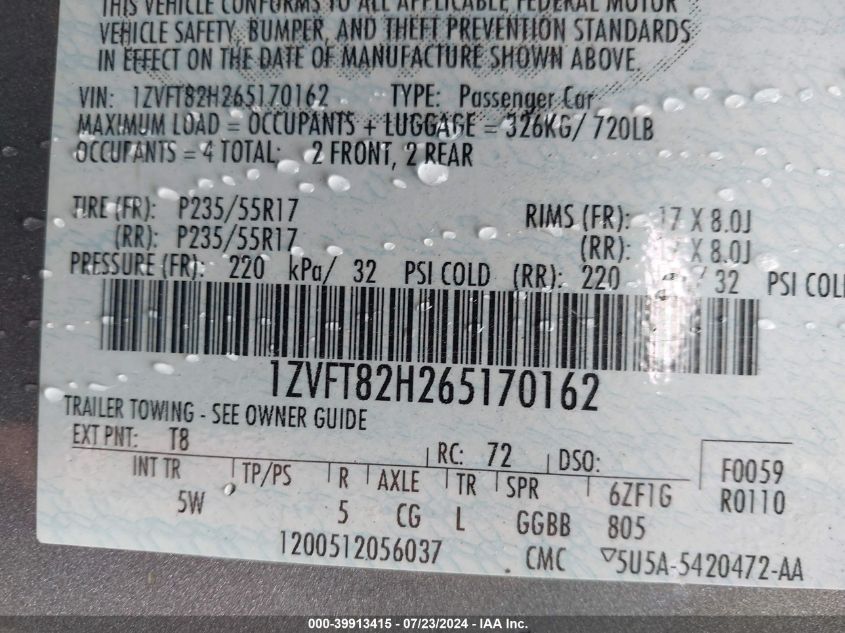 2006 Ford Mustang Gt VIN: 1ZVFT82H265170162 Lot: 39913415