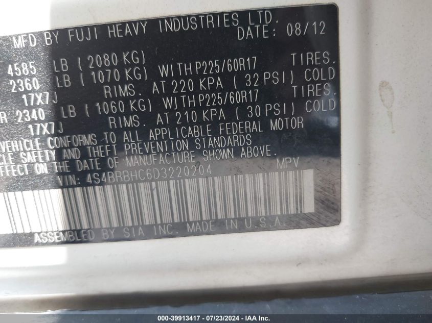 2013 Subaru Outback 2.5I Premium VIN: 4S4BRBHC6D3220204 Lot: 39913417