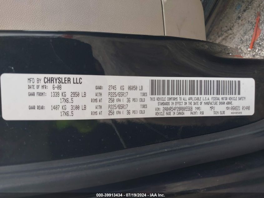 2008 Chrysler Town & Country Touring VIN: 2A8HR54P28R805568 Lot: 39913434