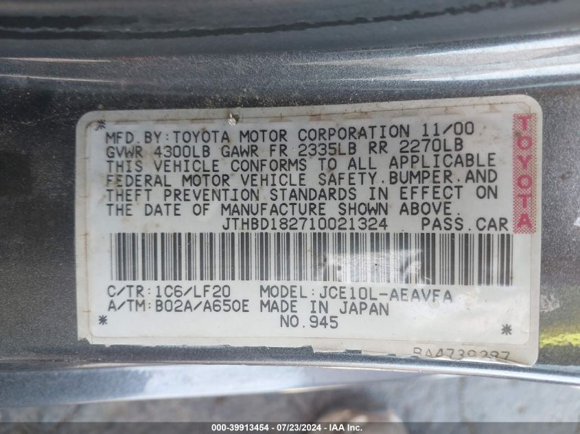 2001 Lexus Is 300 VIN: JTHBD182710021324 Lot: 39913454