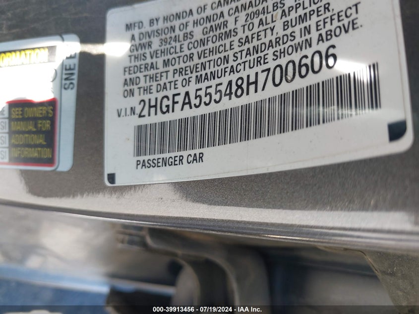 2008 Honda Civic Si/Si Mugen VIN: 2HGFA55548H700606 Lot: 39913456