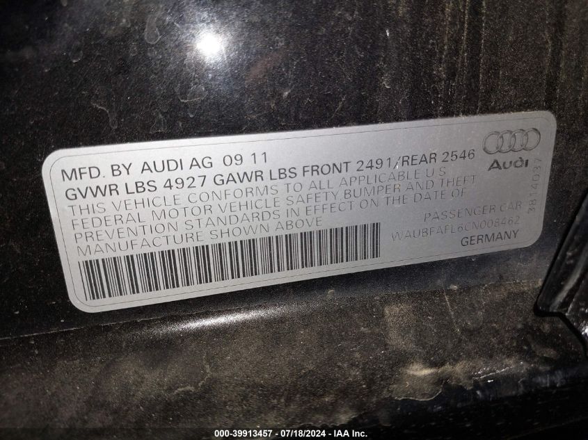 2012 Audi A4 2.0T Premium VIN: WAUBFAFL6CN008462 Lot: 39913457