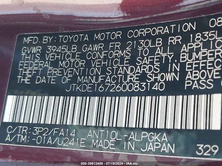 2006 Scion Tc VIN: JTKDE167260083140 Lot: 39913459