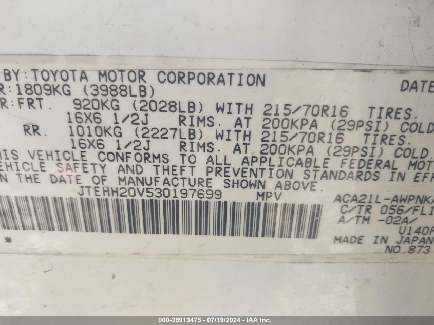 2003 Toyota Rav4 VIN: JTEHH20V530197699 Lot: 39913475