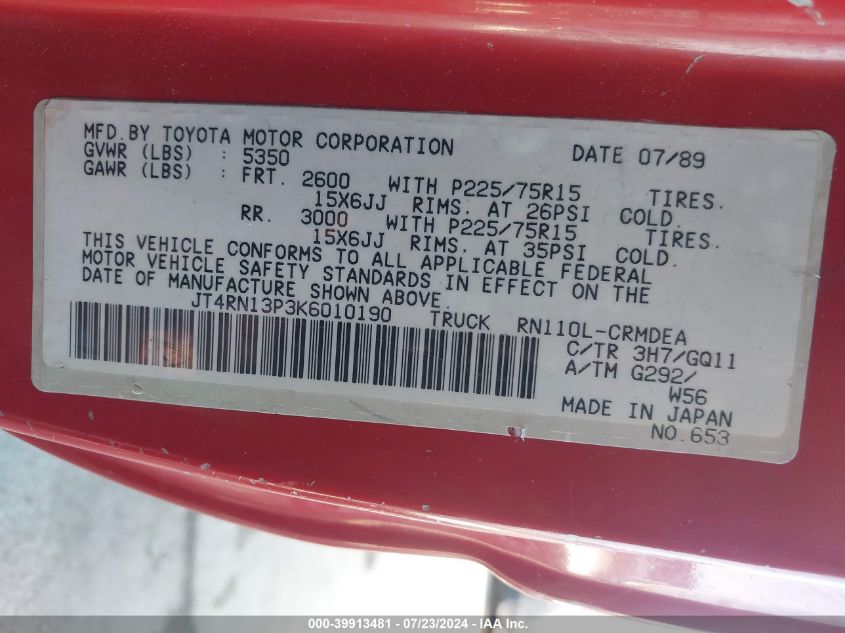 1989 Toyota Pickup 1/2 Ton Ex Lng Whlbse Dlx VIN: JT4RN13P3K6010190 Lot: 39913481