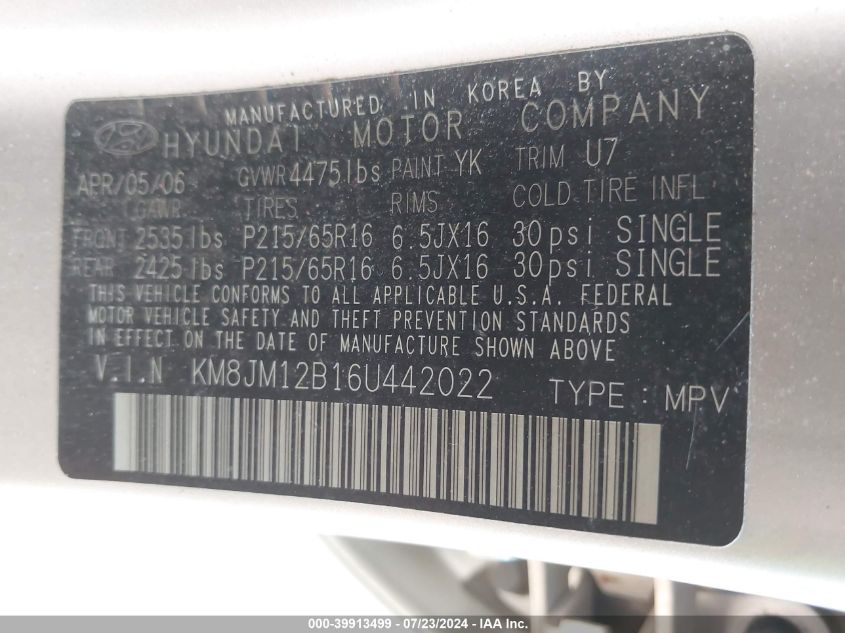 2006 Hyundai Tucson Gl VIN: KM8JM12B16U442022 Lot: 39913499