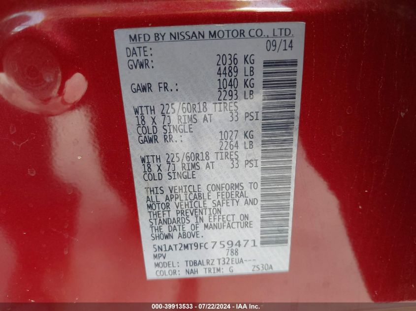 2015 Nissan Rogue Sl VIN: 5N1AT2MT9FC759471 Lot: 39913533