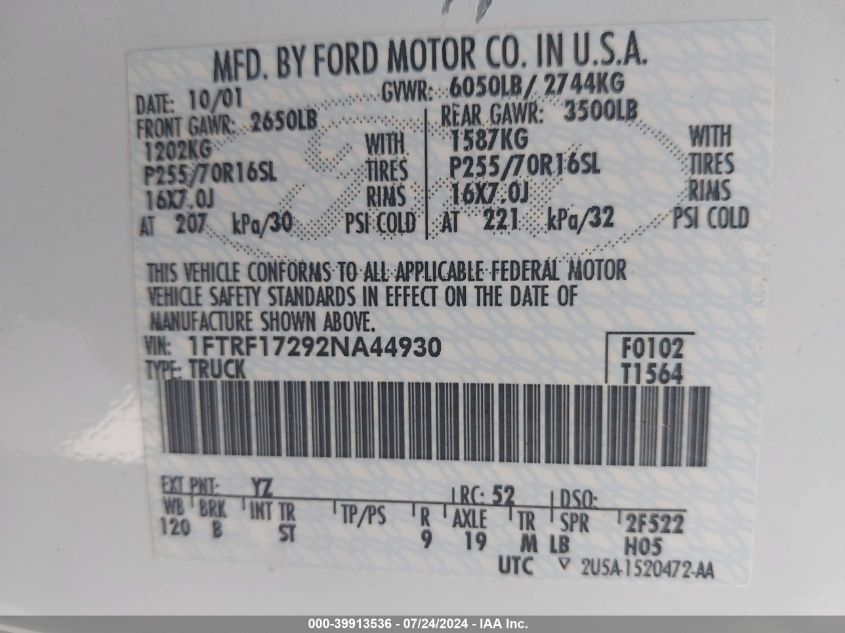 2002 Ford F150 VIN: 1FTRF17292NA44930 Lot: 39913536