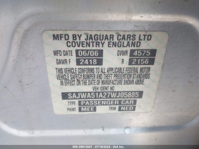 2007 Jaguar X-Type 3.0 VIN: SAJWA51A27WJ05885 Lot: 39913547