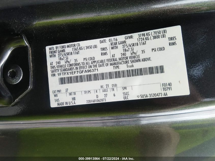 2016 Ford F-150 Lariat VIN: 1FTFX1EF7GFA96371 Lot: 39913564