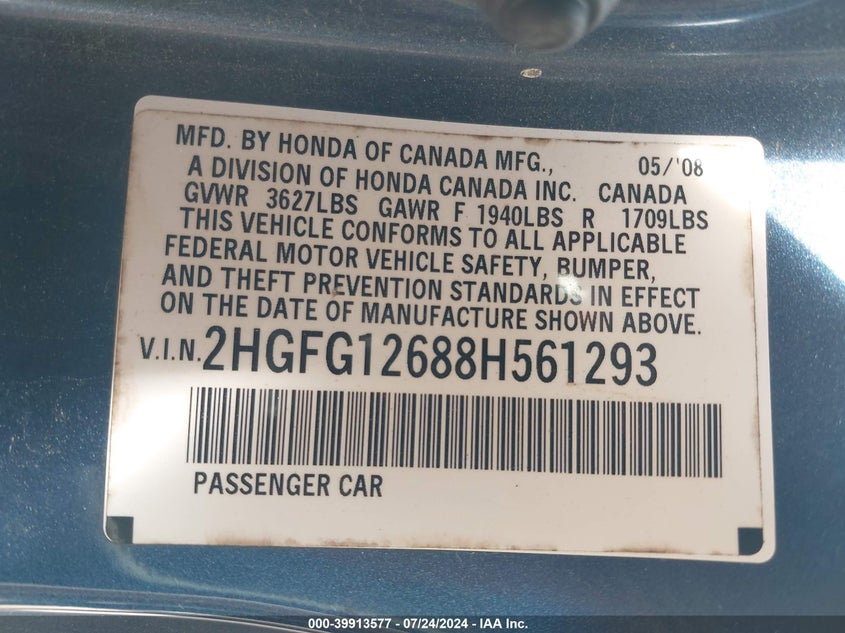 2008 Honda Civic Lx VIN: 2HGFG12688H561293 Lot: 39913577