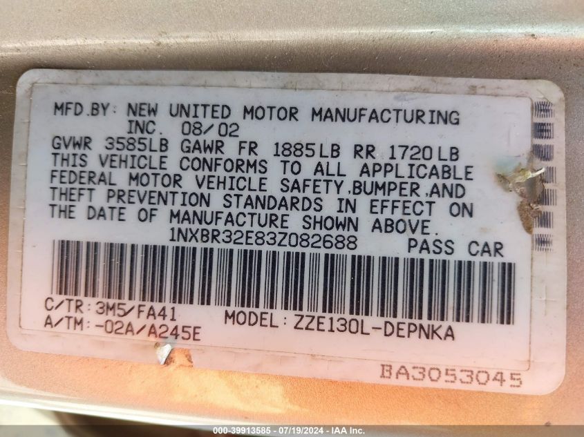 2003 Toyota Corolla Le VIN: 1NXBR32E83Z082688 Lot: 39913585