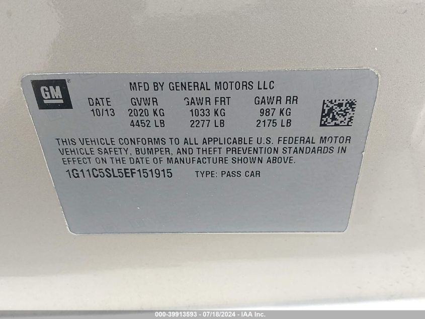 2014 Chevrolet Malibu 1Lt VIN: 1G11C5SL5EF151915 Lot: 39913593