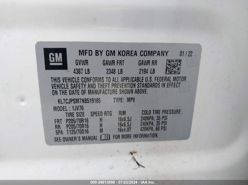 2022 Chevrolet Trax Awd Lt VIN: KL7CJPSM7NB519185 Lot: 39913598